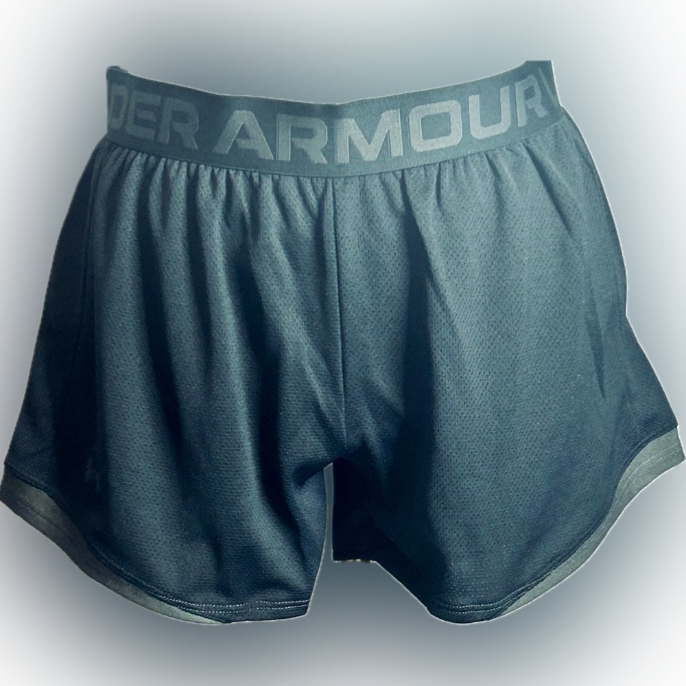 Under Armour NWT SZ S black/gray trim loose athletic shorts, wide logo waistband - Picture 2 of 7